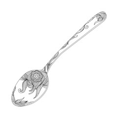 Isolated hand drawn black outline monochrome spoon on white background. Ornament of curve lines.