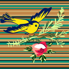 Hand drawn bird flying with flower roses tropical vintage print, stripes pattern retro background vector illustration for design, fashion, shirt, textile, greeting card, invitation, wedding