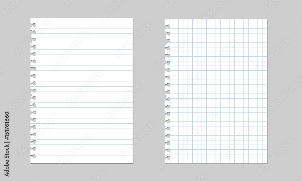 Poster set of vector realistic illustrations of a torn sheet of paper from a workbook with shadow, isolated