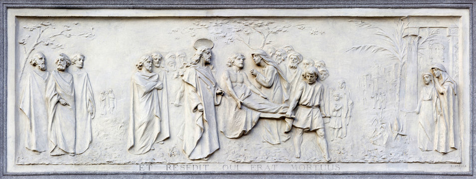 TURIN, ITALY - MARCH 15, 2017: The relief of Resurrection of the Widow's Son at Nain on the facade of church Basilica Maria Ausiliatrice by Emilio Spalla (1897 - 1971).