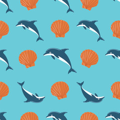 Obraz premium Dolphin and Seashell Seamless Pattern