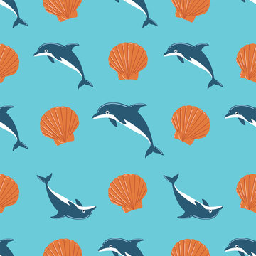 Dolphin and Seashell Seamless Pattern