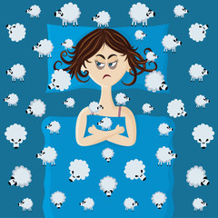 Sleepless woman lies and sheep walk around the bed. Insomnia concept to illustrate a stress and problem of sleep. Vector flat style illustration. 