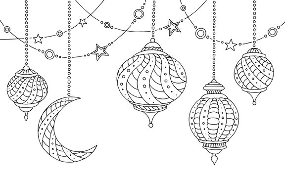 Ramadan lamps graphic moon star black white sketch illustration vector