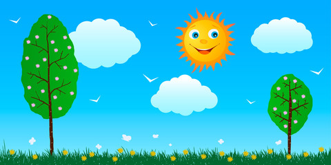 Summer. Cartoon smiling sun, clouds and birds, blossoming trees on the field with flowers and butterflyes.