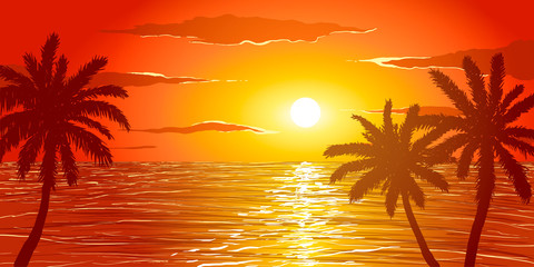 Beach at sunset in vector. Silhouettes of palm trees on the background of ocean.