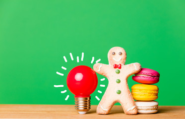 macaroons, bulb and gingerbread man