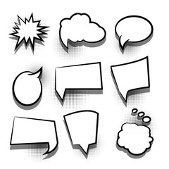 Funny set comic book cartoon text dialog, colored empty cloud. For sale banner. Abstract creative hand drawn vector colorful blank bubble. Comic speech balloon on halftone dot background pop art style