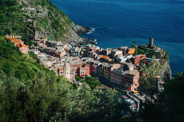 Overview of Vernazza village, Cinque Terre National Park, Unesco world heritage, La Spezia Region, Liguria.