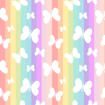 cute white butterflies on rainbow colorful stripes seamless vector pattern background illustration


