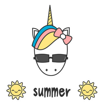 hand drawn lettering summer card with cute cartoon colorful unicorn head with sunglasses vector illustration

