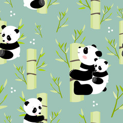 Pandas on a bamboo, seamless pattern, vector illustraation