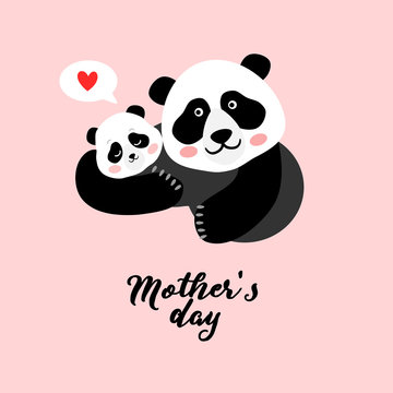 Panda mother and a baby, Mothers Day greeting card, vector illustration