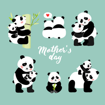 Mothers Day set of pandas, isolated vector illustration