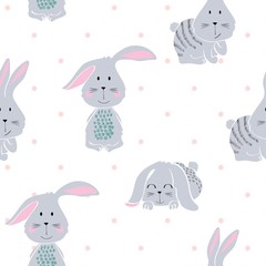 Vector seamless pattern with cartoon cute bunny