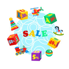 A set of colored blocks and children's toys. Sale. Vector illustration.