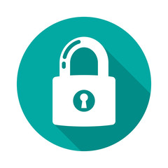 Lock circle icon with long shadow. Flat design style. Lock simple silhouette. Modern, minimalist, round icon in stylish colors. Web site page and mobile app design vector element.