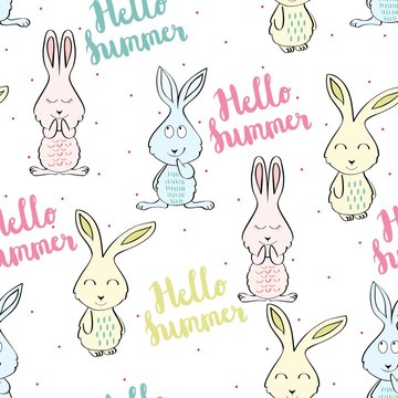 Vector seamless pattern with cartoon cute bunny