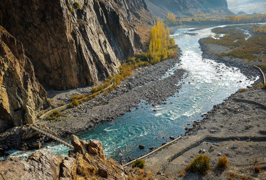 Beautiful autumn and blue river in Gupis, Pakistan