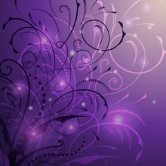 Vector illustration of abstract background with curved lines and floral elements, stems, dots and lights.