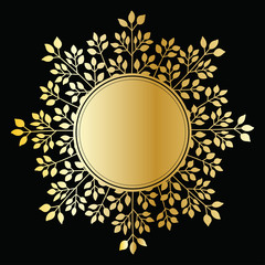 Vector hand drawn gold round frame in wreath shape with twigs and leaves. Gold vintage card  on black background