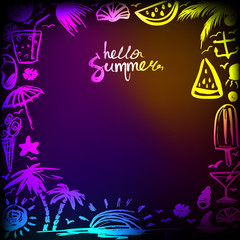 neon Lettering hello summer on a dark background. Beautiful background, invitation, banner, poster with signs and symbols of summer