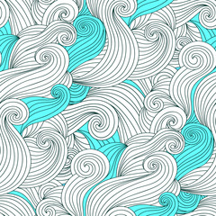 Fototapeta na wymiar Wave seamless pattern background with abstract ornaments, hand drawn illustration, can be used for printing on paper, fabric or wrapping
