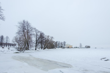 Frosty sea in winter, full of snow.