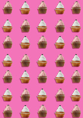 Colorful pattern made of cupcakes on pink background.