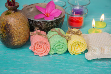 Obraz na płótnie Canvas Holiday spa for relax after work, Spa and wellness setting with towels. Day spa nature products