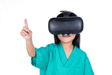 Asian Little Chinese Girl playing doctor with VR goggles