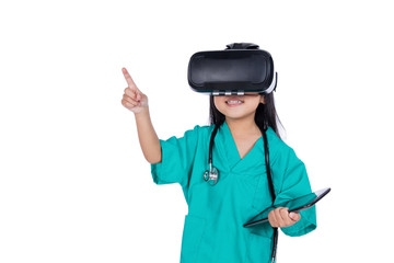 Asian Chinese Girl playing doctor with tablet and VR goggles