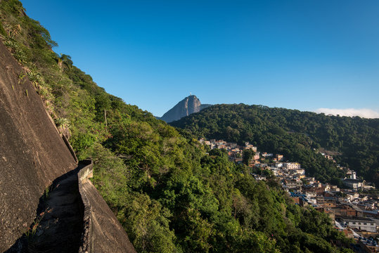 Rio de Janeiro Mountains with Slums and Corcovado with Christ the Redeemer statue