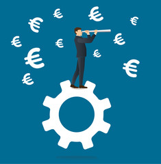 businessman looks through a telescope standing on gear icon and Euro icon background