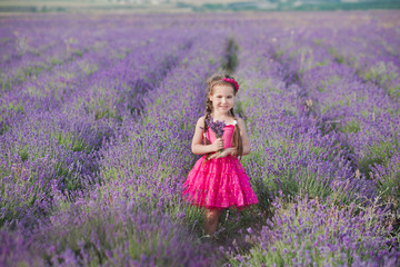A Brunette girl in a straw hat holding a basket with lavender. A Brunette girl with two braids in a lavender field. A cute Girl in a straw hat in a field of lavender