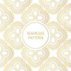 Golden seamless pattern on white background, islamic, oriental, eastern style.Template with luxury foil for packaging, fashion, greetings, cover, wedding. Vector illustration