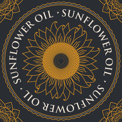 square vector banner for refined sunflower oil with sunflower inscribed in a round frame on a black background