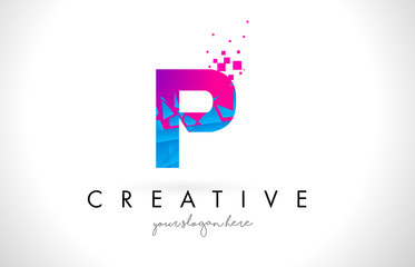 P Letter Logo with Shattered Broken Blue Pink Texture Design Vector.