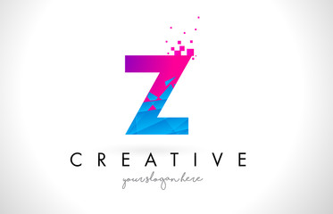Z Letter Logo with Shattered Broken Blue Pink Texture Design Vector.
