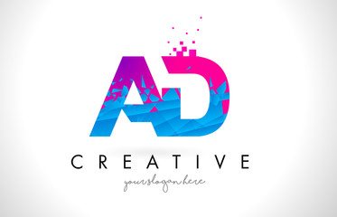 AD A D Letter Logo with Shattered Broken Blue Pink Texture Design Vector.