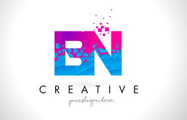 BN B N Letter Logo with Shattered Broken Blue Pink Texture Design Vector.