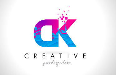 CK C K Letter Logo with Shattered Broken Blue Pink Texture Design Vector.