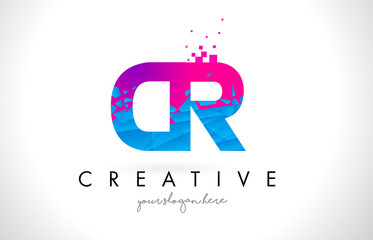 CR C R Letter Logo with Shattered Broken Blue Pink Texture Design Vector.