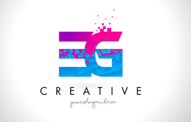 Fototapeta premium EG E G Letter Logo with Shattered Broken Blue Pink Texture Design Vector.