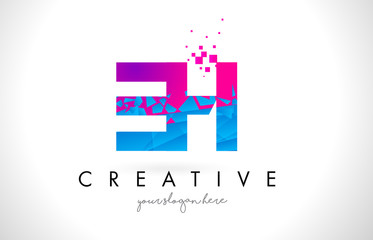 EH E H Letter Logo with Shattered Broken Blue Pink Texture Design Vector.