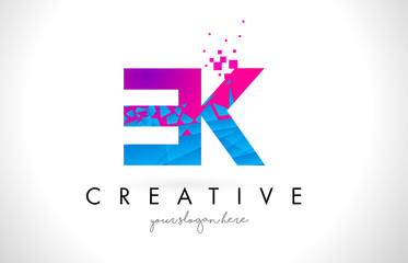EK E K Letter Logo with Shattered Broken Blue Pink Texture Design Vector.