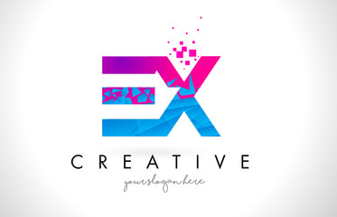 EX E X Letter Logo with Shattered Broken Blue Pink Texture Design Vector.