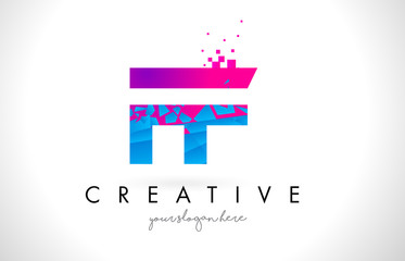 FF F F Letter Logo with Shattered Broken Blue Pink Texture Design Vector.