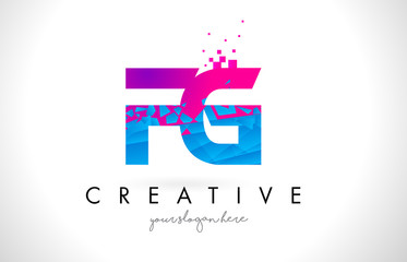 FG F G Letter Logo with Shattered Broken Blue Pink Texture Design Vector.