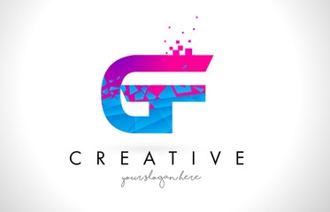 GF G F Letter Logo with Shattered Broken Blue Pink Texture Design Vector.